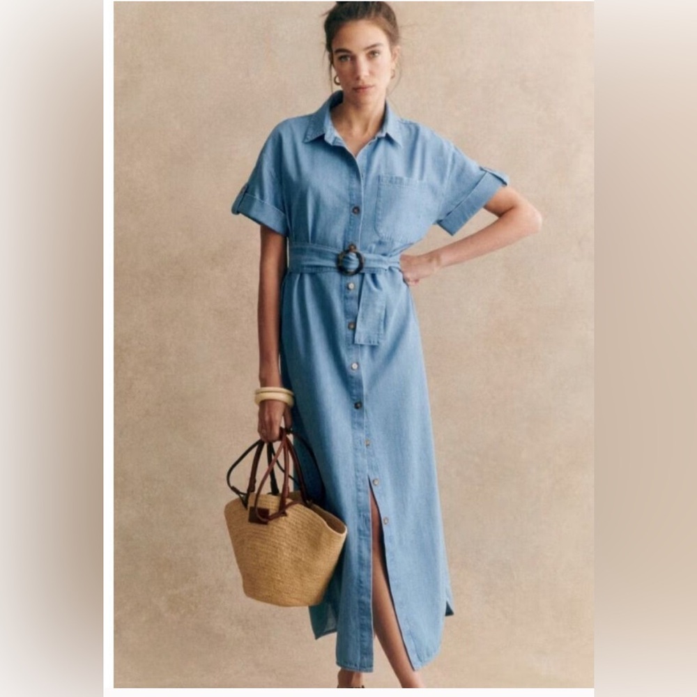 Sezane "Dora" Light Blue Denim Belted Shirtdress Maxi Length Sz 36 French/US 4